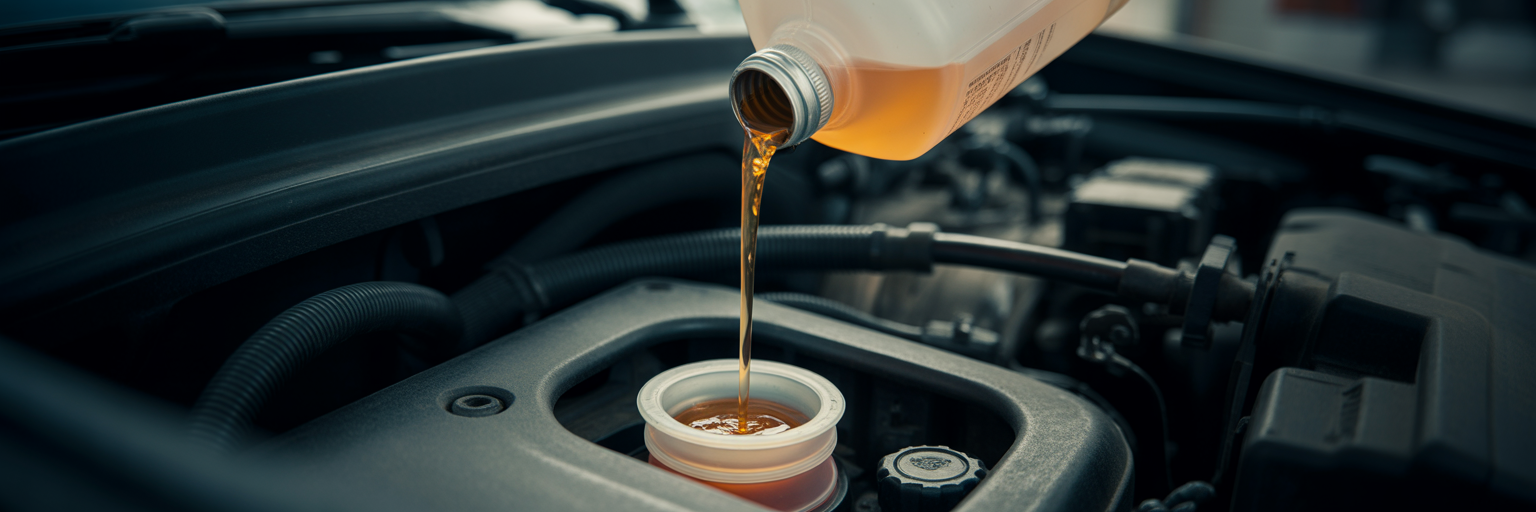 Pouring new brake fluid into car reservoir
