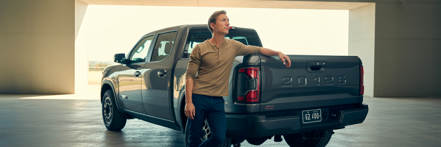 Shorter person assessing pickup truck bed height.