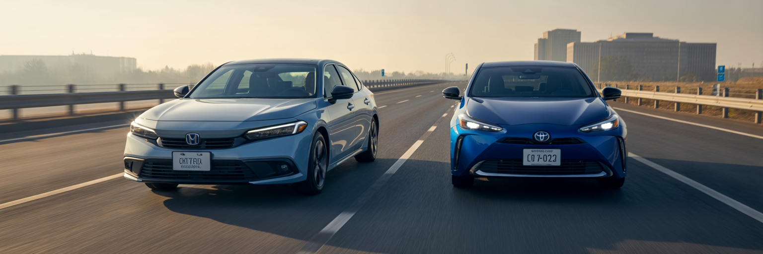 Honda Civic Hybrid and Toyota Prius on highway.
