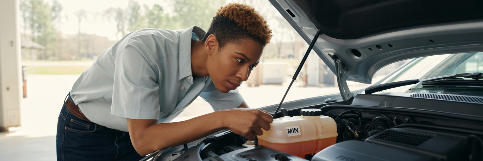 Person checking low coolant level in car.