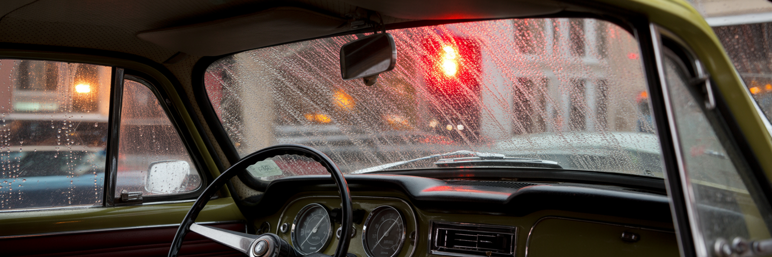 Car dashboard showing stalled engine at red light.