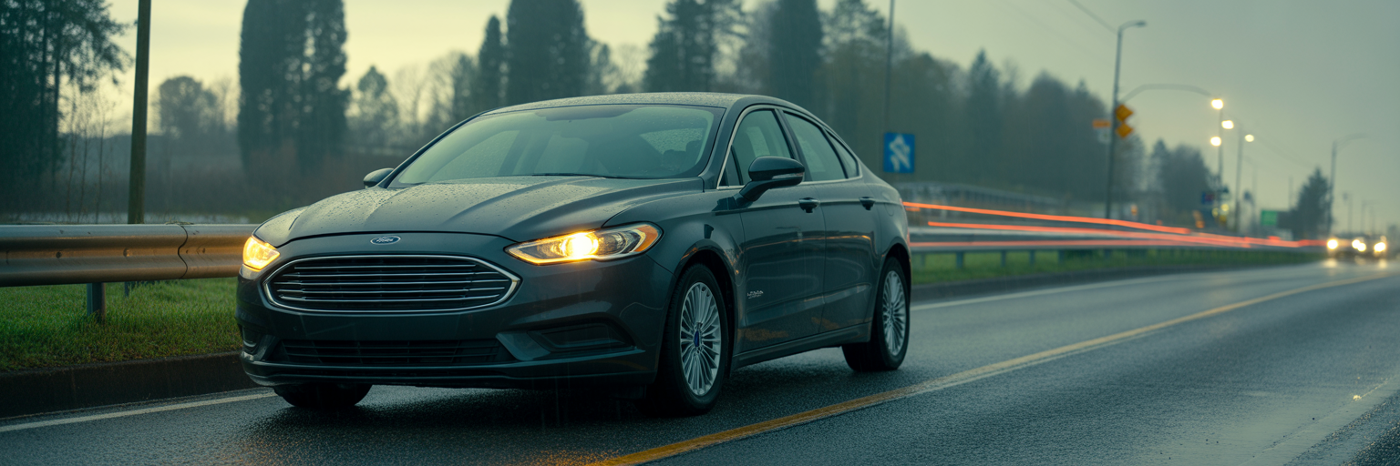 Car with flickering headlights on dark road