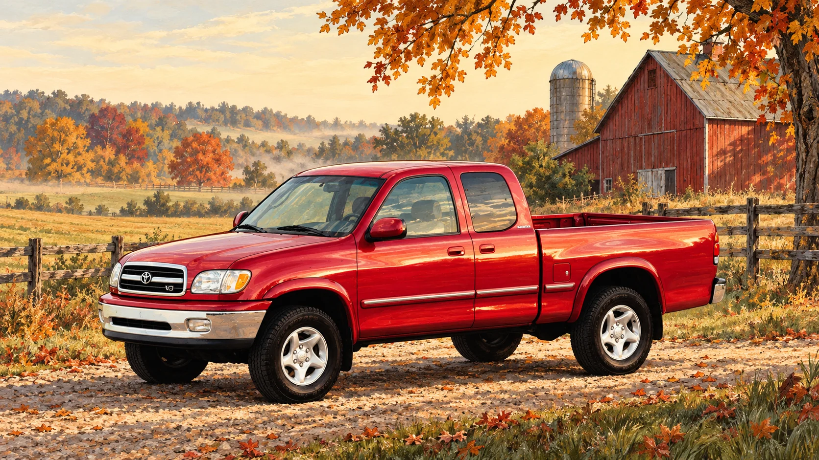 Illustration of a red first-generation Toyota Tundra beside a barn on an Indiana farm.