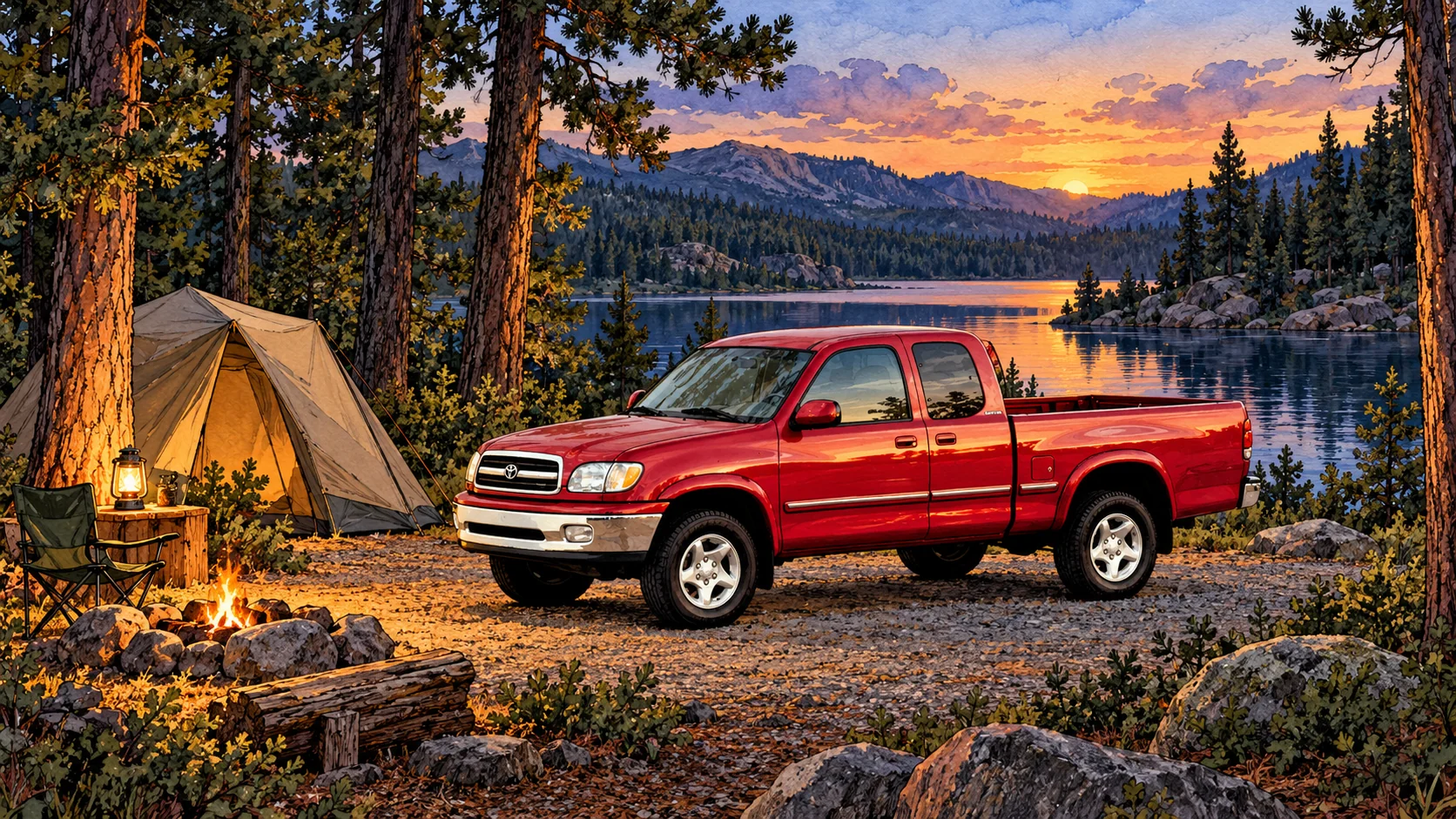 Illustration of a red first-generation Toyota Tundra beside a tent at a lakeside campsite.