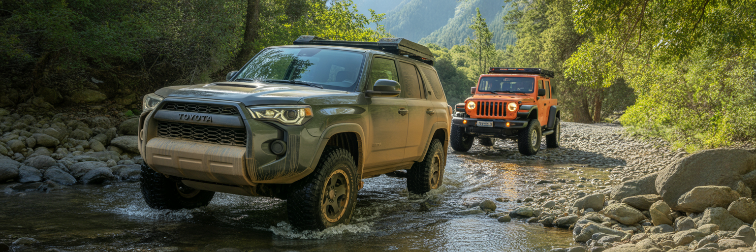 Used off-road SUVs crossing mountain creek
